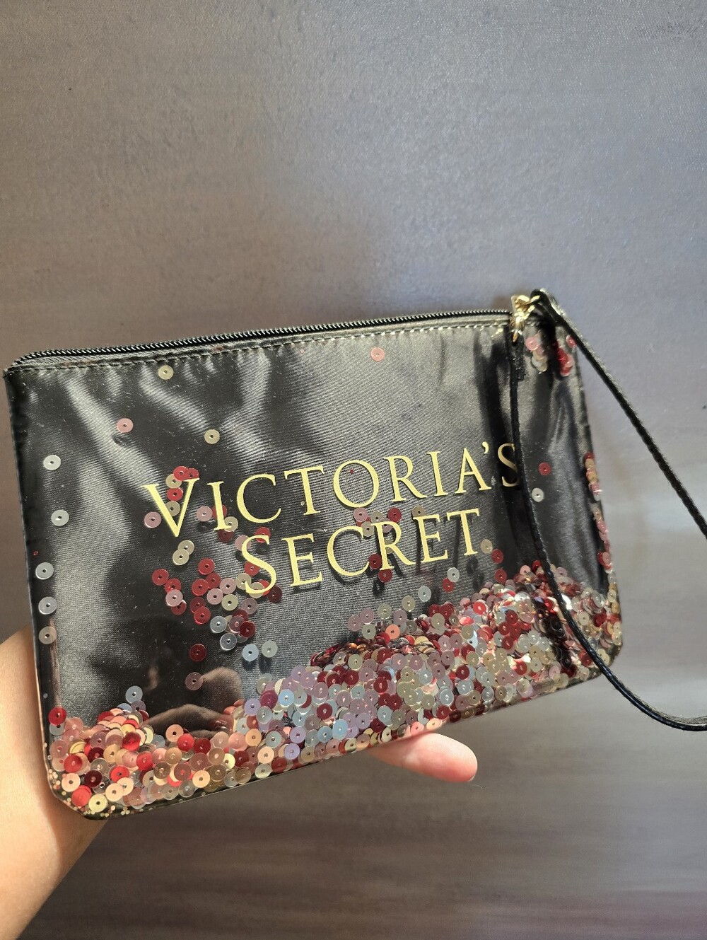 Victoria's Secret Black Wristlet Clutch with Red Silver Sequins